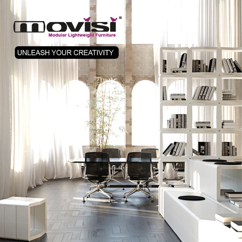 white bookcases and standing shelves Movisi modular furniture