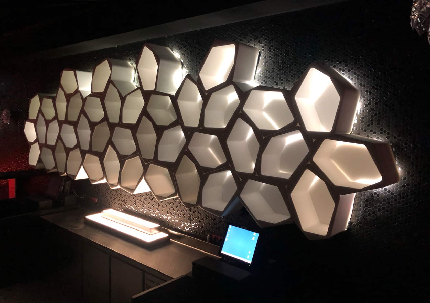 BCM Mallorca bar modular honeycomb floating shelves with white LED light