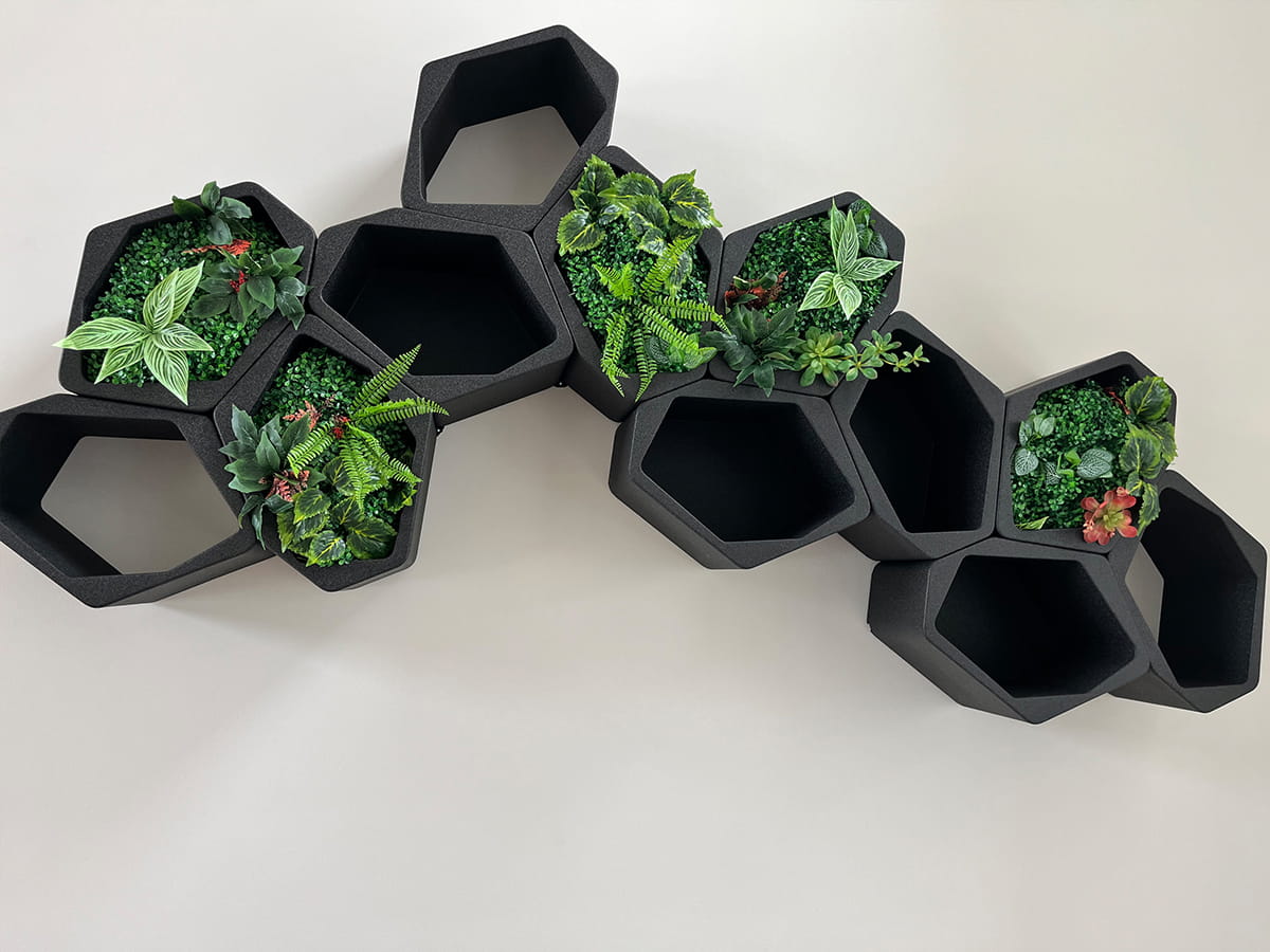 A stylish indoor plant wall shelf with black shelves by Movisi.