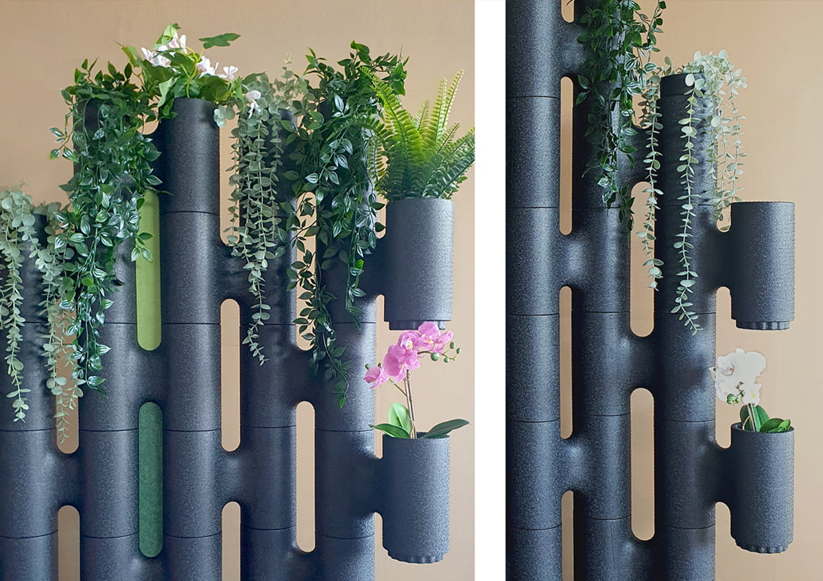 idée de paravent noir et vert : Paravent noir autoportant avec plantes 