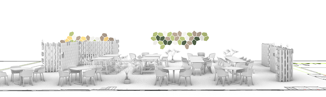 diseño de interiores de restaurante de cantina con separador de ambientes LINK y paneles de pared HUSH
