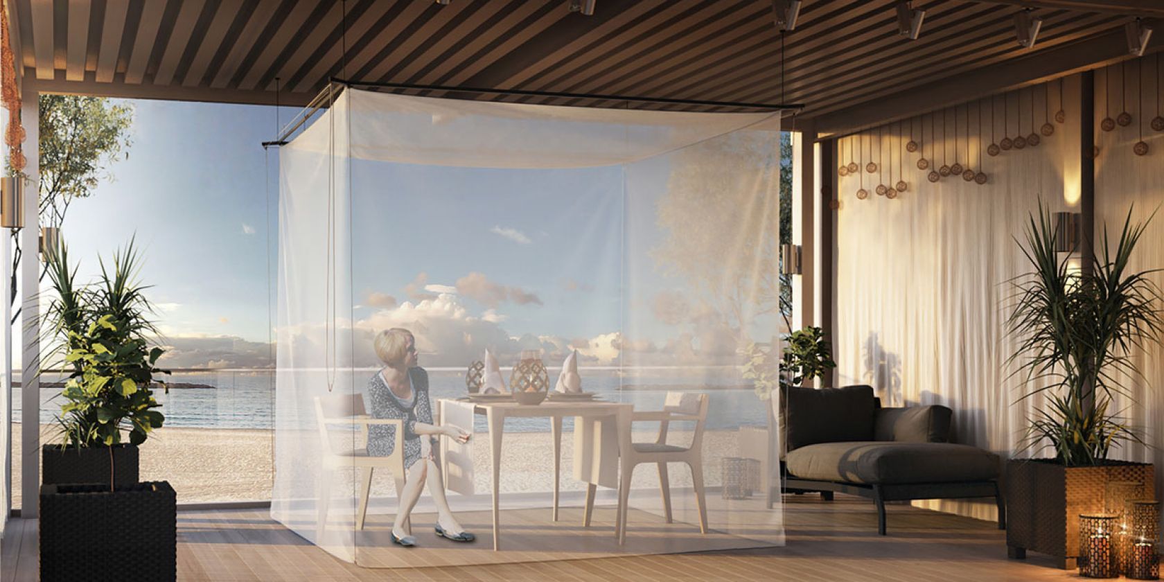 A canopy transforms into a mosquito proof room
