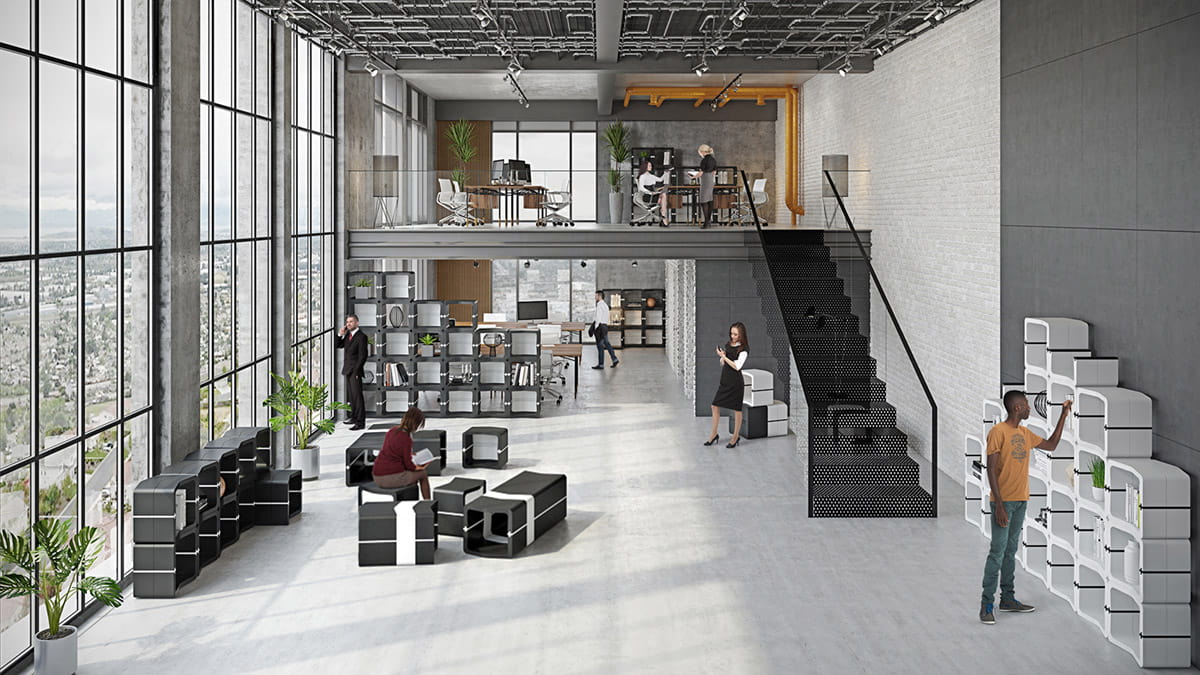 U-CUBE-Module als Büroregal und Sitzbank