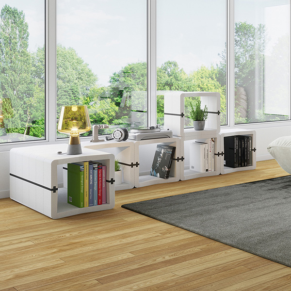 White U-CUBE lowboard for entertainment and vinyl record storage